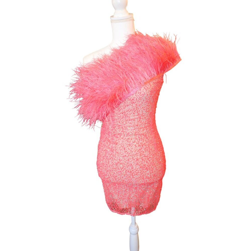 Bronx & Banco Lulu Coral Mini Dress Size 2/Xs Polyester & Ostrich Feather, Nwt